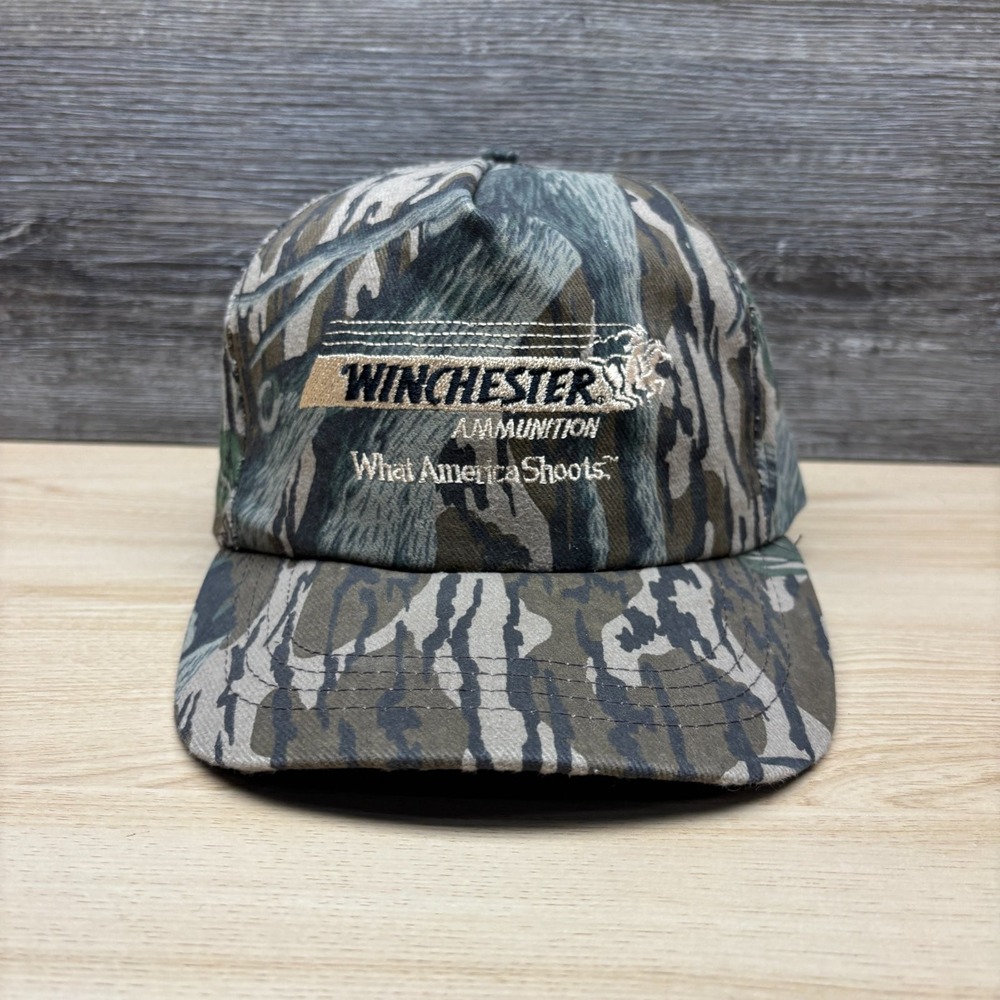Vintage Winchester Ammunition Hat Cap Snap Back Camo Mossy Oak Camouflage 80s